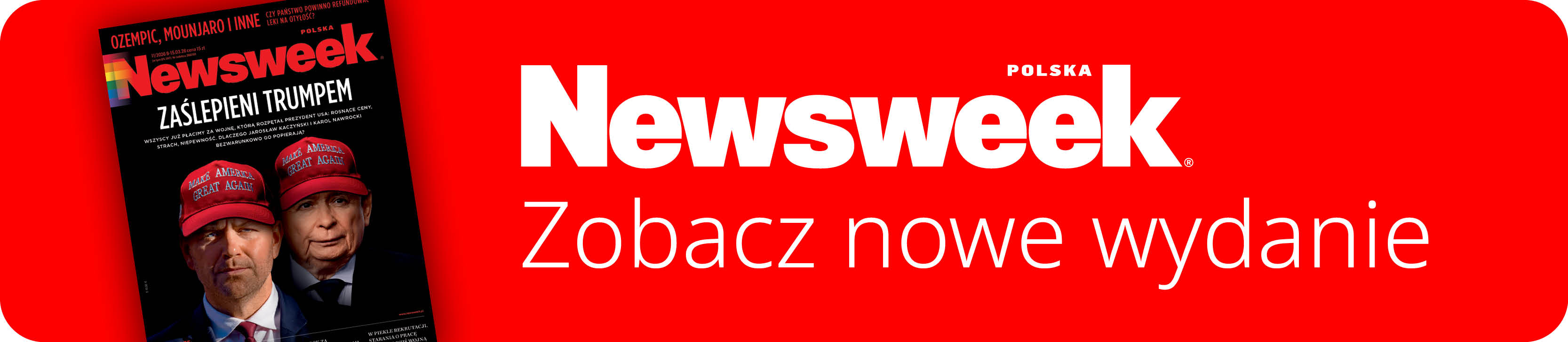 Okładka Newsweek Polska z dwoma mężczyznami w czerwonych czapkach, napisem 'Zobacz nowe wydanie' i artykułem o Trumpie