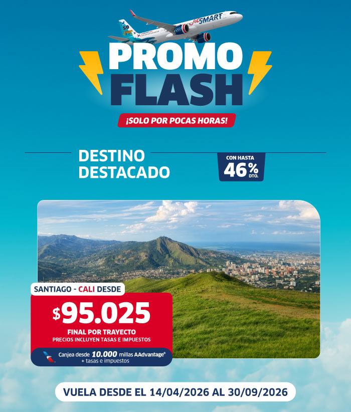 Promotional flash sale by JetSMART: Santiago to Cali flights from $95,025 CLP, travel 14 Apr–30 Sep 2026, up to 46% off