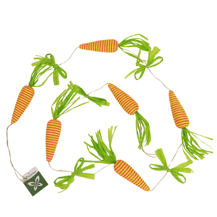 Easter carrot garland: string of orange-striped fabric carrots with green raffia tops on twine, seasonal decoration