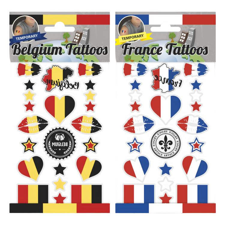 Temporary Belgium and France flag tattoo sticker sheets with hearts, lips, stars, maps and stripes on white backing