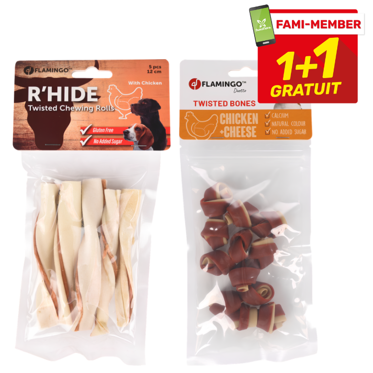 Two Flamingo dog treat packs: R'HIDE twisted chewing rolls and chicken-and-cheese twisted bones in clear bags with 1+1 free label