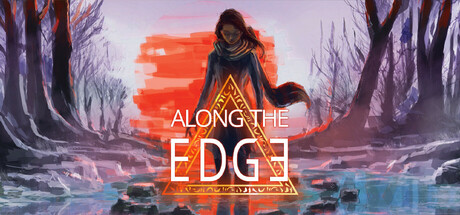 Artwork for game "Along the Edge": lone hooded figure with glowing triangular sigil walking across icy, reflective forest under red sky
