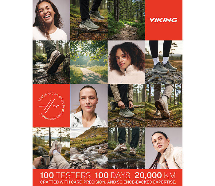 Collage of women wearing Viking hiking shoes in forest scenes, close-ups of footwear on trails and portraits, outdoor lifestyle