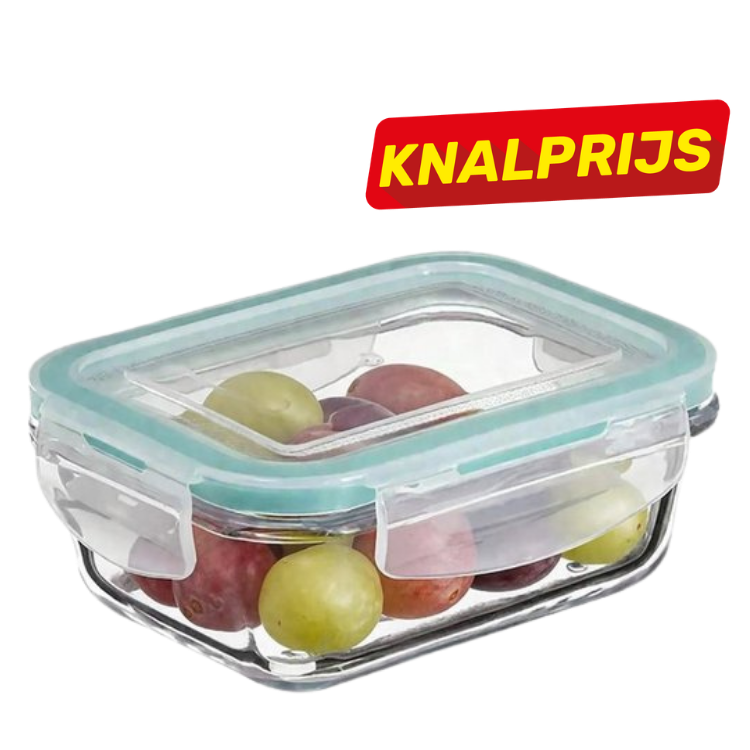 Glass airtight rectangular food container with teal seal and clips, filled with red and green grapes, 'KNALPRIJS' sale badge