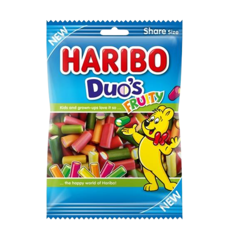 Haribo Duo's Fruity share-size bag showing colourful fruit-flavoured licorice pieces and Haribo bear mascot