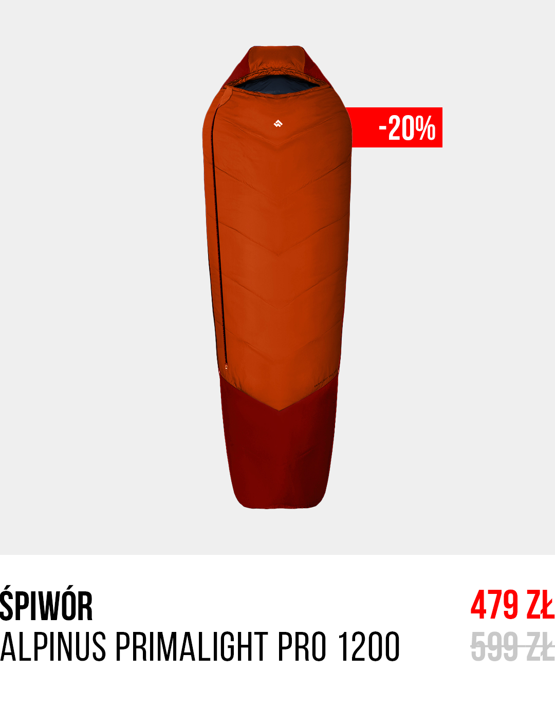 Alpinus Primalight Pro 1200 orange-red mummy sleeping bag shown upright with a -20% red discount tag