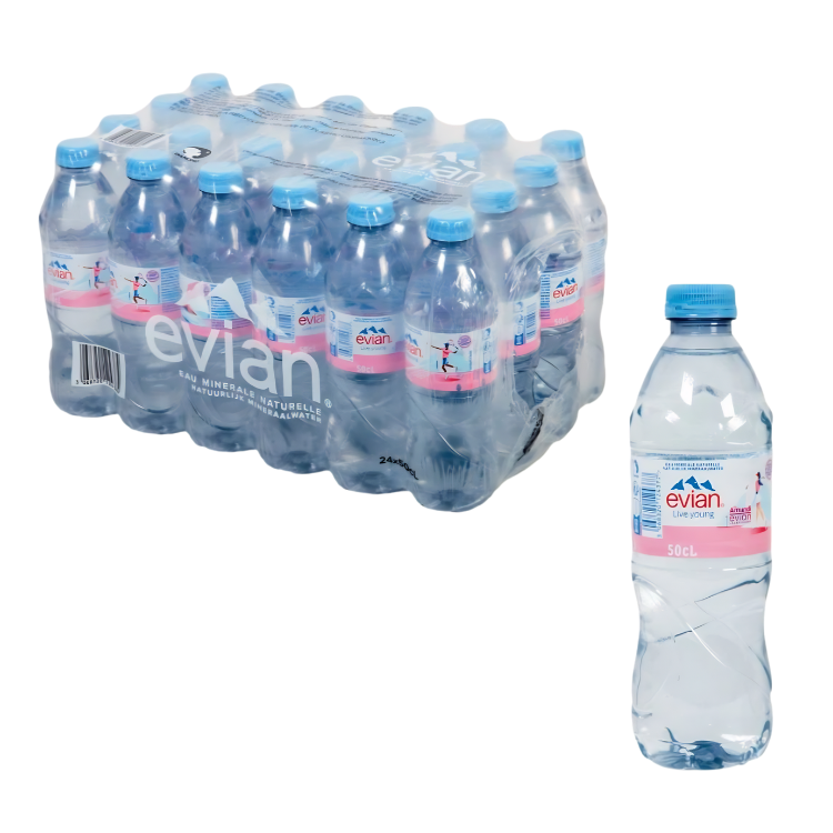 Shrink-wrapped pack of 24 Evian mineral water bottles with a single 50cl Evian bottle on a white background
