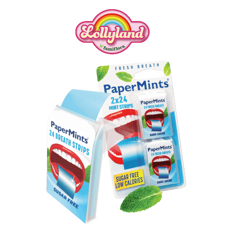Lollyland PaperMints packaging showing mint breath strips and tubes of red strawberry and blue mint cool caps with leaves