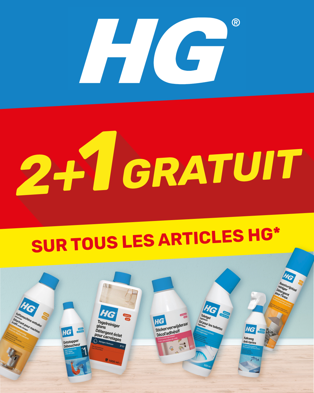 HG logo and promotional banner '2+1 Gratuit' (buy two get one free) above a row of HG household cleaning products