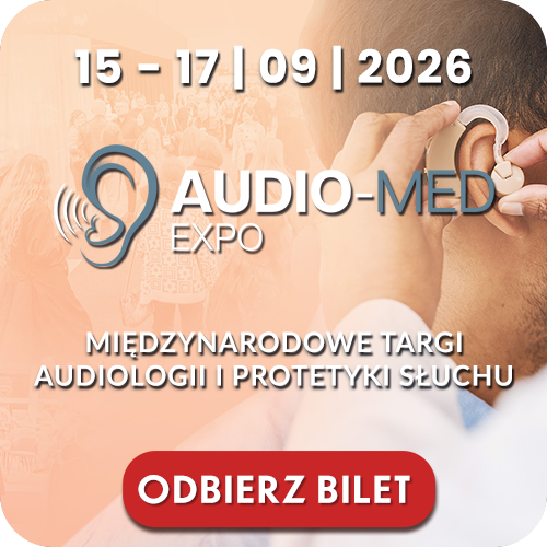 AUDIO-MED Expo 15–17 Sept 2026 — Intl audiology & hearing prosthetics fair; person fitting a hearing aid; Odbierz bilet