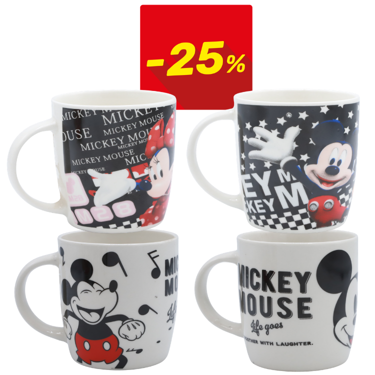 Set of four Mickey and Minnie ceramic mugs with black-and-white designs and a red 25% off discount badge