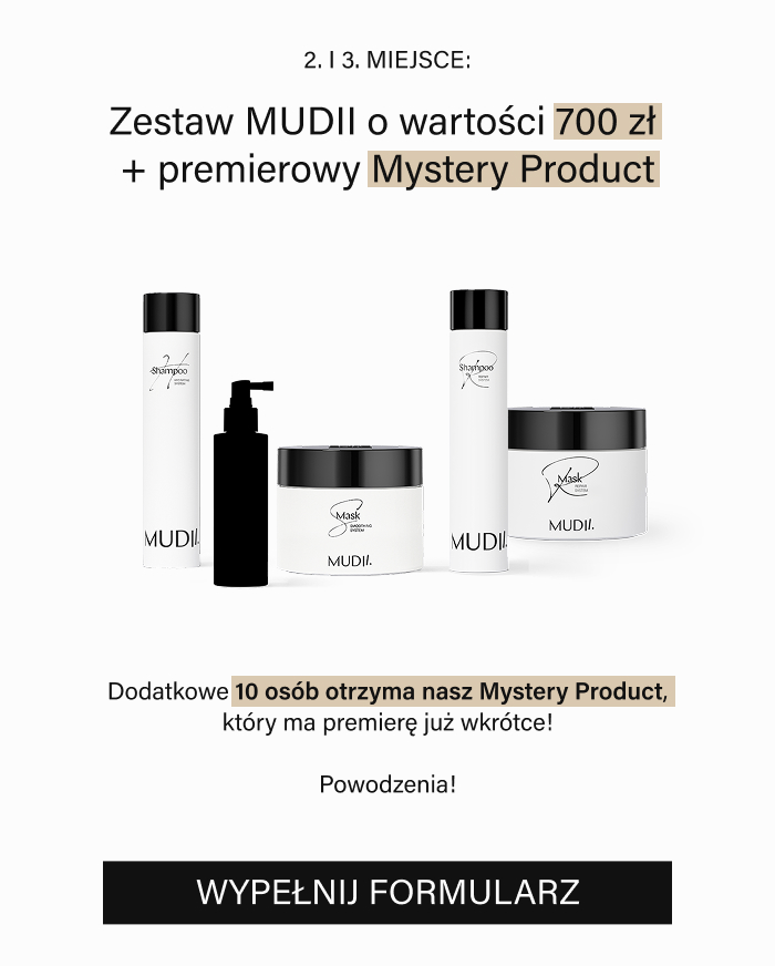 Promotional image of MUDII haircare set worth 700 zł with a mystery product, product bottles and a 'Fill the form' call-to-action