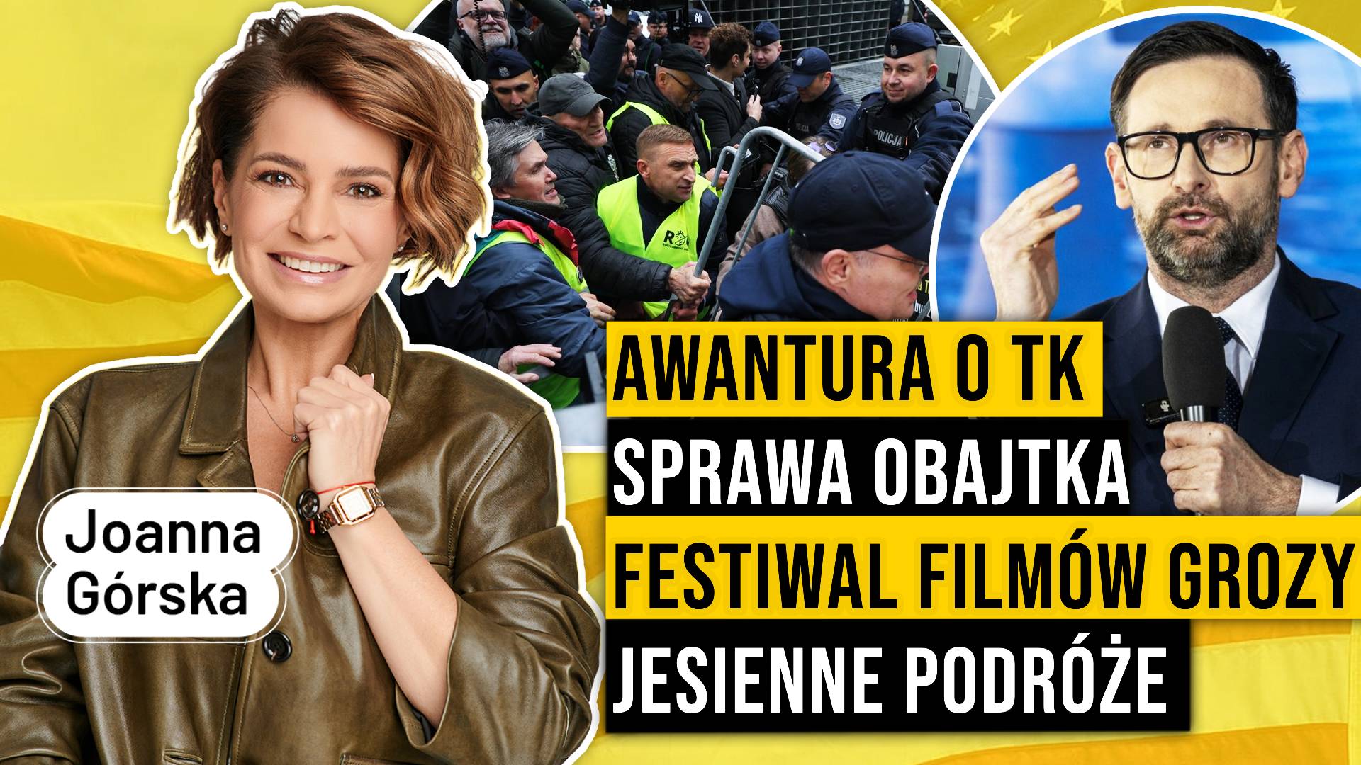 Miniatura programu: dwójka prowadzących, scena zamieszek z policją i napisy z nagłówkami politycznymi i kulturalnymi