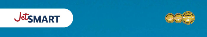 JetSMART airline logo on teal background with three gold award badges