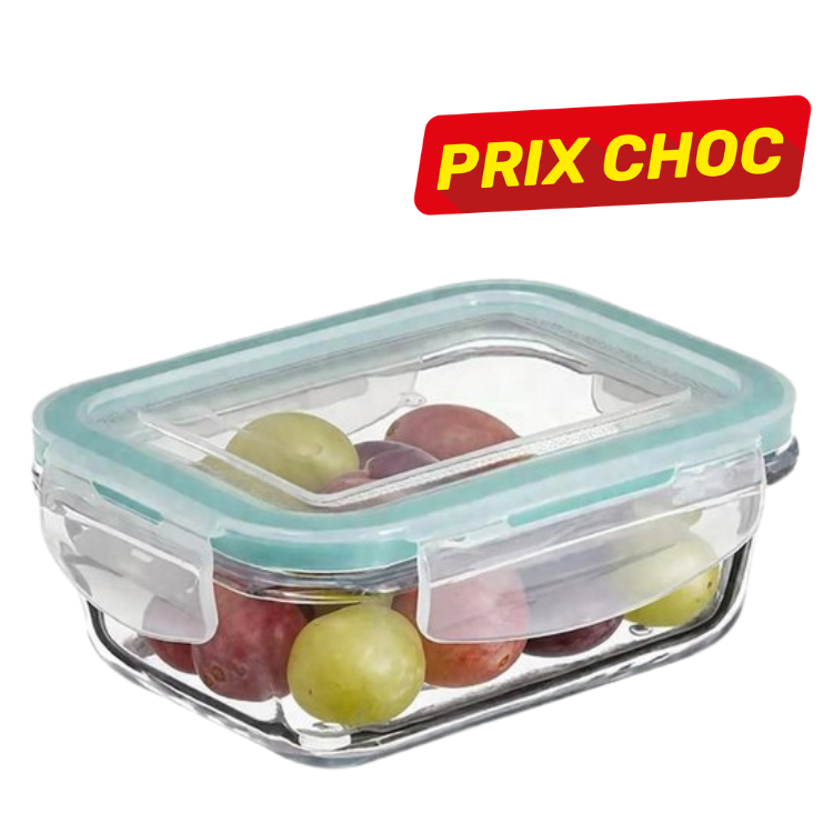 Airtight glass rectangular food storage container with teal silicone-seal lid holding red and green grapes, 'Prix Choc' discount badge