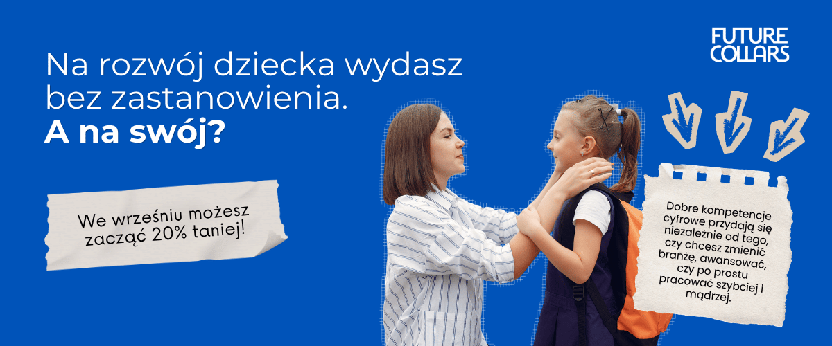 Woman helping schoolgirl with backpack beside Polish promotional text about 20% September discount and Future Collars logo