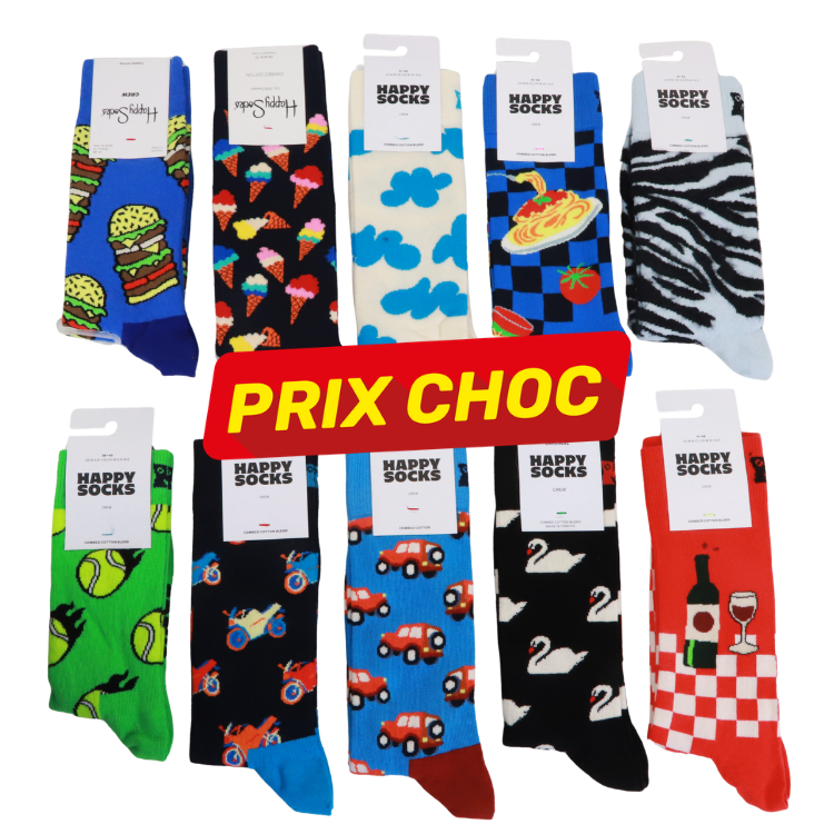 Colourful assortment of Happy Socks laid out in two rows with burger, ice cream, clouds, zebra, tennis, cars, swans and wine motifs and red 'PRIX CHOC' banner