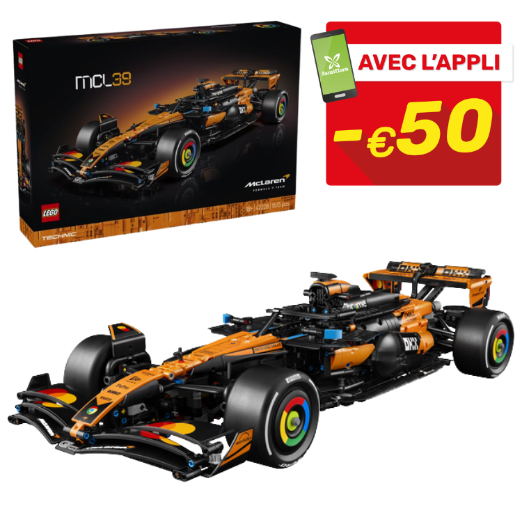 LEGO Technic McLaren MCL39 orange Formula 1 car model and box with red -€50 app discount badge