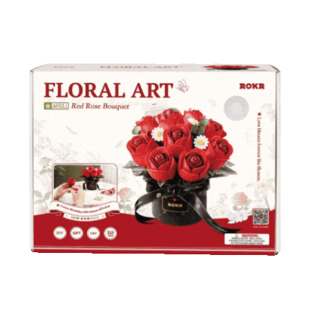 Five craft kit boxes on white background: two red 'Floral Art' rose bouquets, a DIY miniature house, 3D puzzle cart and wooden sunflower kit