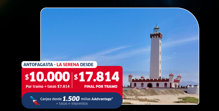 Coastal La Serena lighthouse under blue sky with beachfront, plus red promotional price banner showing fares Antofagasta–La Serena