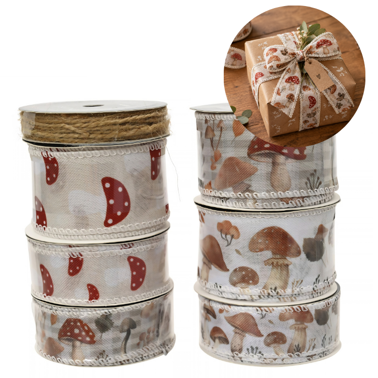 Rolls of mushroom-printed fabric gift ribbon and jute twine stacked, inset showing wrapped brown-paper present with mushroom ribbon bow