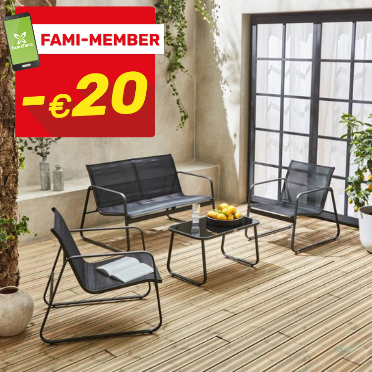 Modern black metal patio lounge set (two armchairs, bench and coffee table) on wooden decking by glass doors, -€20 FAMI-MEMBER offer