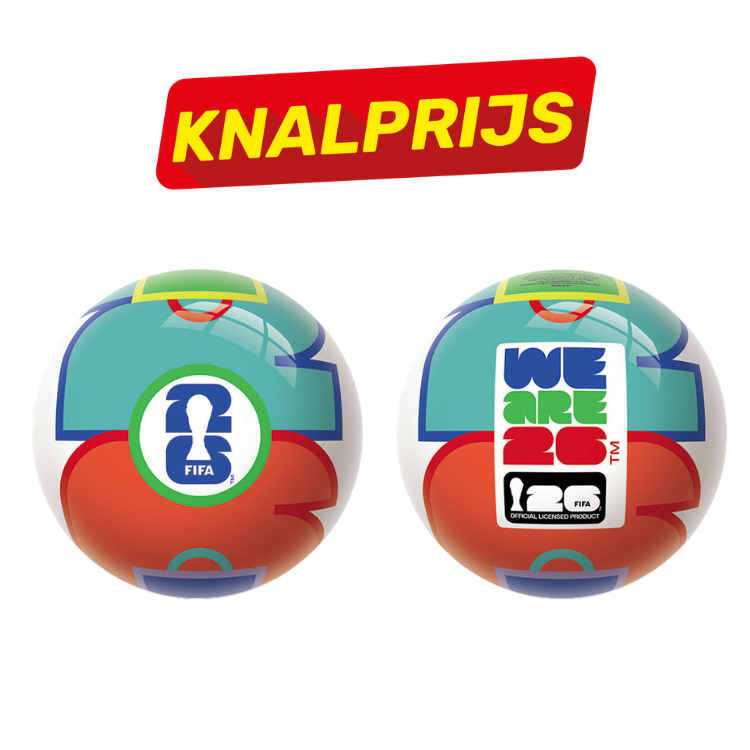 Two colourful FIFA 26 branded promotional footballs side by side with a red 'KNALPRIJS' sale banner above