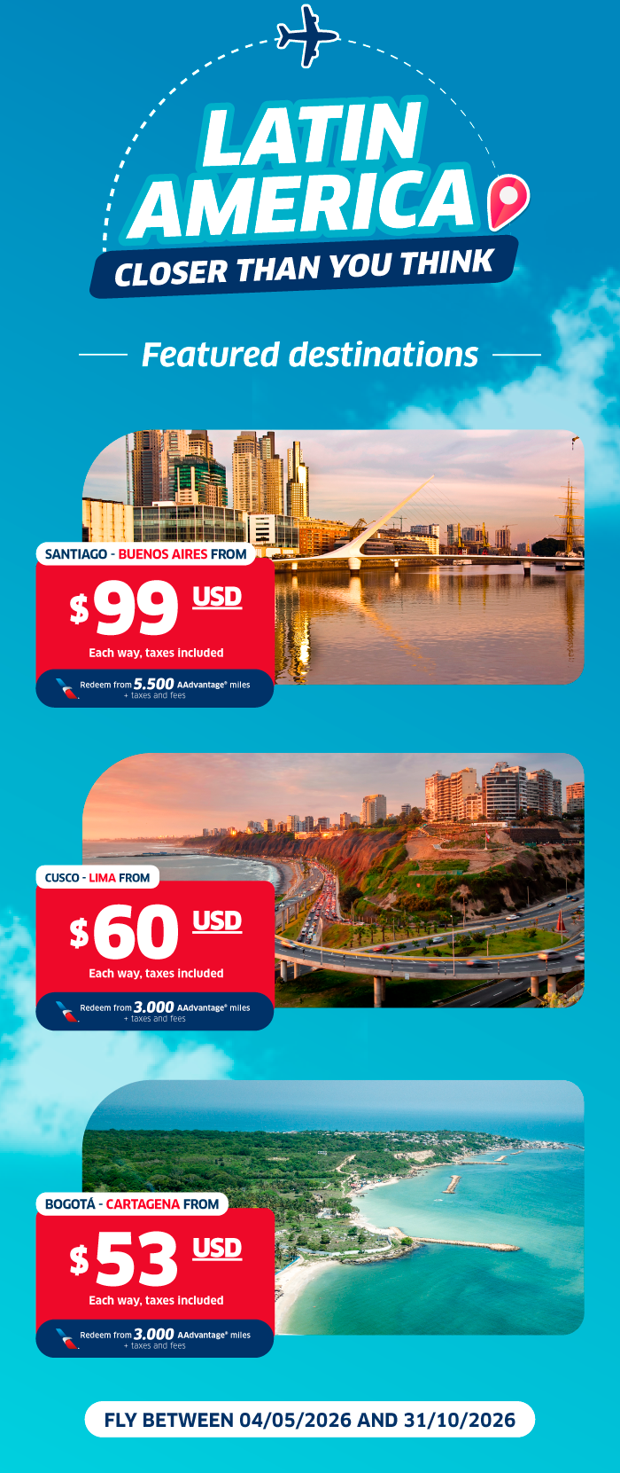 Promotional poster for Latin America flights showing Santiago, Cusco and Bogotá with fares from 60, $53; travel 04/05–31/10/2026