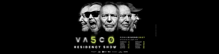 Promotional poster for a 2027 residency show, five blended black-and-white portraits with neon 'VA5CO' title and Roma Giugno 2027