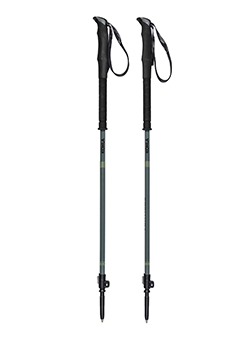 Pair of adjustable black-and-grey telescopic trekking poles with ergonomic grips, wrist straps and carbide tips for hiking