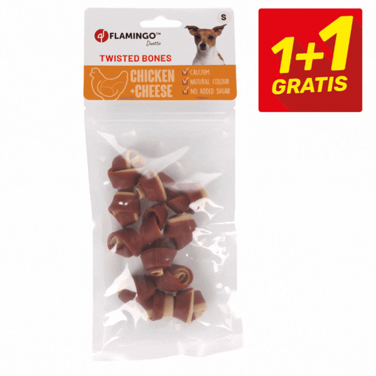 Two Flamingo dog chews: chicken & cheese twisted bones and R'HIDE twisted chicken rolls, both labelled 1+1 gratis