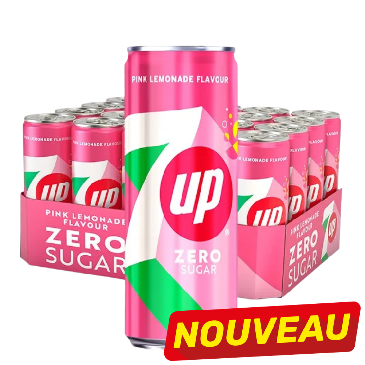 7UP Zero Sugar Pink Lemonade flavour tall can with multipack in background and red "NOUVEAU" label