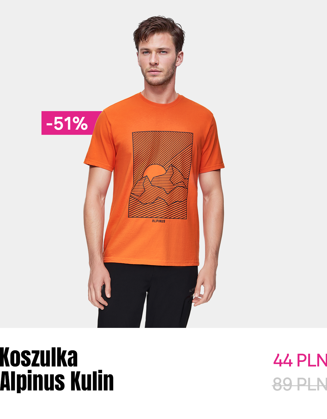 Male model wearing an orange Alpinus Kulin T-shirt with black mountain graphic, front view, with a visible "-51%" sale tag