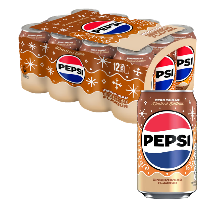 12-pack of Pepsi Zero Sugar Gingerbread Flavour limited edition cans with festive brown seasonal packaging