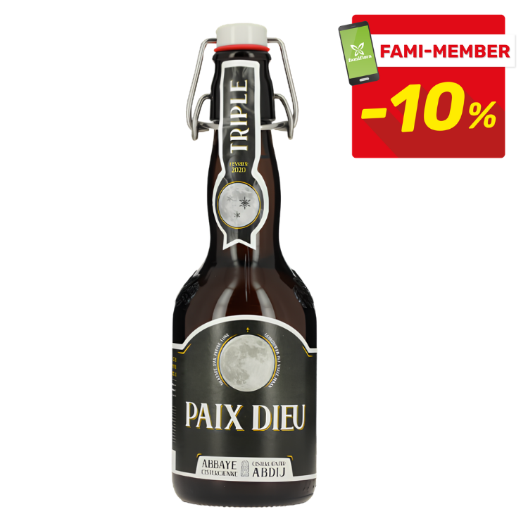 Bottle of Paix Dieu Triple abbey beer, dark swing-top bottle with moon label and red Fami-Member -10% promo badge