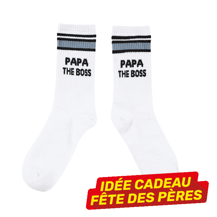 Nine pairs of novelty men's socks in assorted colours with French slogans arranged in a 3x3 grid, Father's Day badges