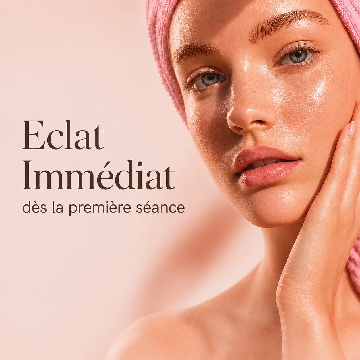 Close-up of young woman with pink towel and dewy, freckled glowing skin, hand to cheek, skincare treatment ad with French text