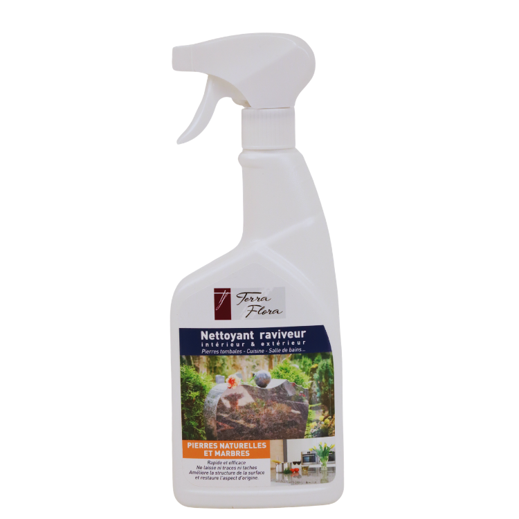 White trigger spray bottle of Terra Flora 'Nettoyant raviveur' natural stone and marble cleaner, labelled with product name and before/after photo