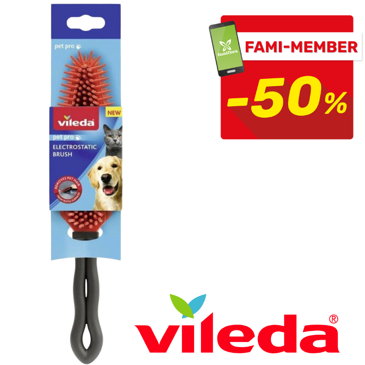 Vileda Pet Pro electrostatic pet brush with red rubber bristles and black handle, for dogs and cats — product packaging and Fami‑member -50% badge