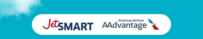 Co-branded JetSMART and American Airlines AAdvantage logo on turquoise background