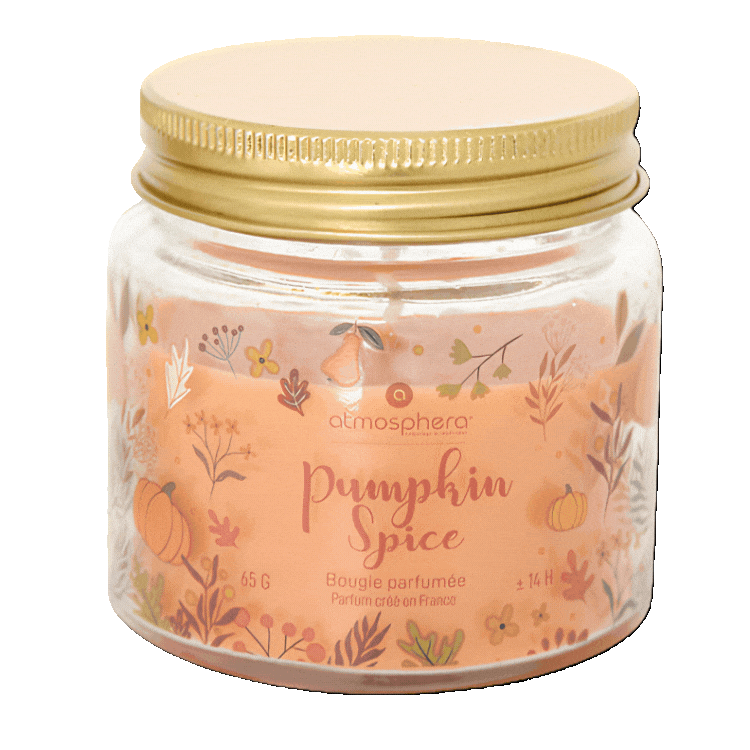 Three glass pumpkin spice scented candles in gold-lidded jars with autumn floral labels — Atmosphera pumpkin spice candle trio