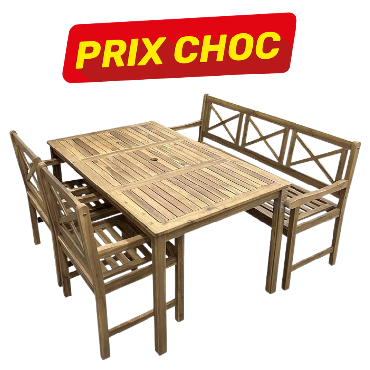 Teak garden dining set: rectangular slatted table with umbrella hole, bench and two chairs, natural wood outdoor patio furniture