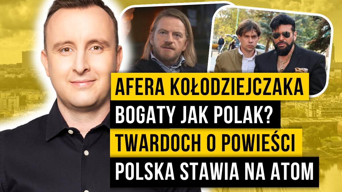 Prezenter i kolaż zdjęć z napisami: „Afera Kołodziejczaka, Bogaty jak Polak?, Twardoch o powieści, Polska stawia na atom”