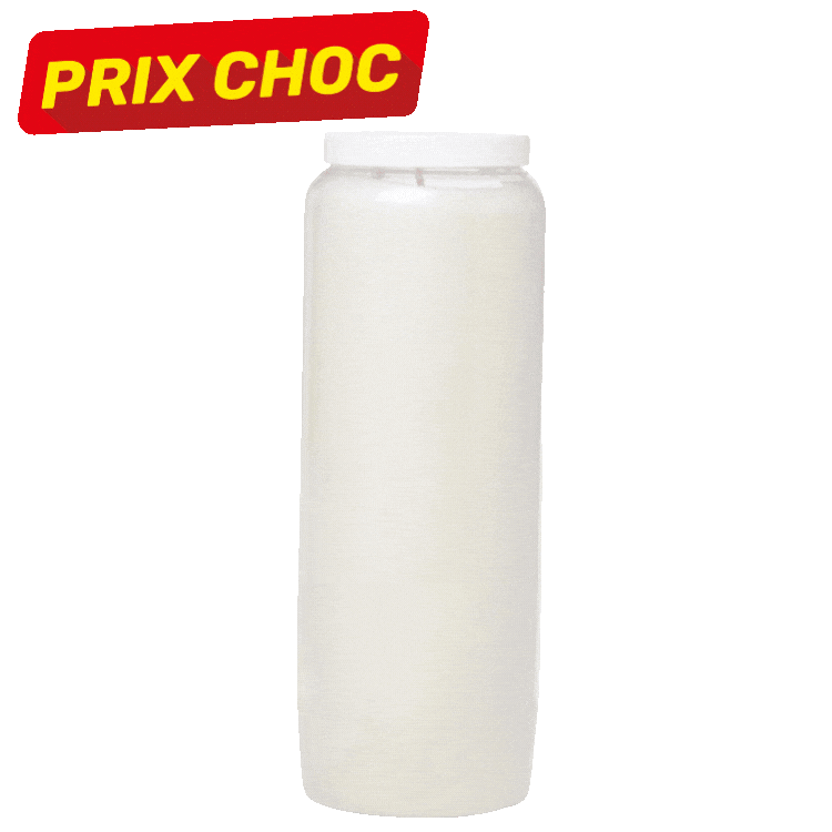 Three tall jar candles (two white, one red with yellow lid) on a white background with red 'PRIX CHOC' sale labels