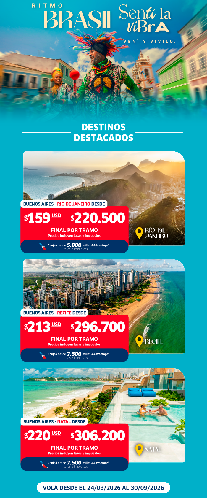 Banner: colourful Brazilian carnival dancer above destinations Rio de Janeiro, Recife and Natal with prices and dates