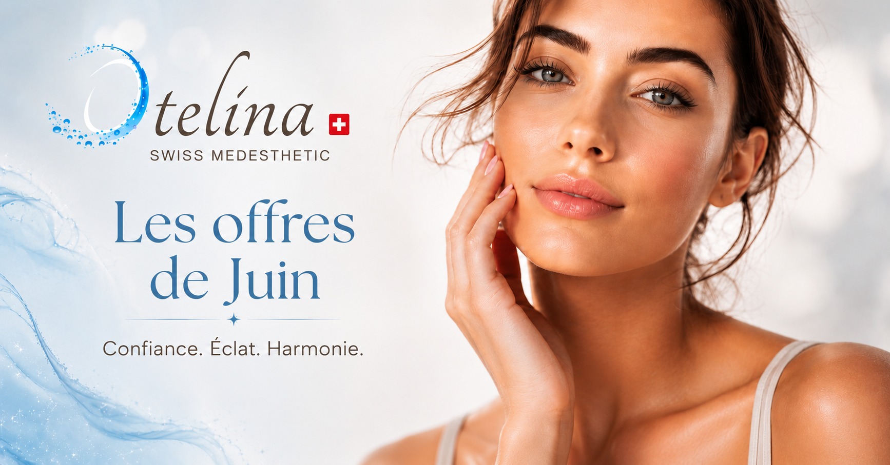 Telina Swiss Medesthetic banner advertising June offers — radiant woman touching her glowing skin, promoting confidence and harmony