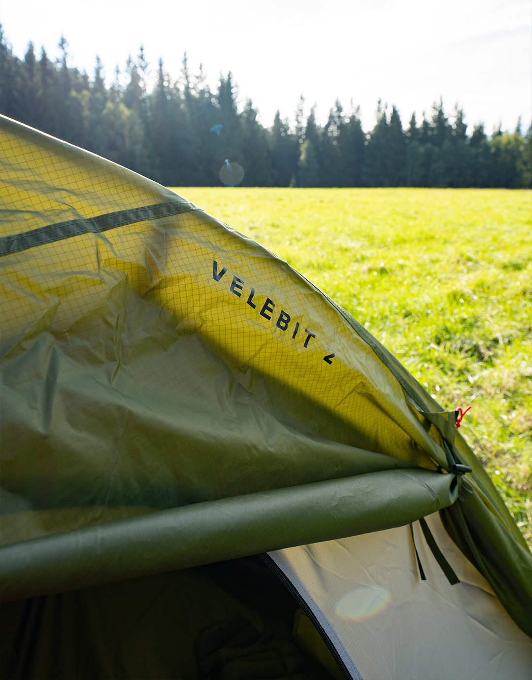 Close-up of green Velebit 2 camping tent pitched on a sunlit grassy meadow with a conifer forest in the background