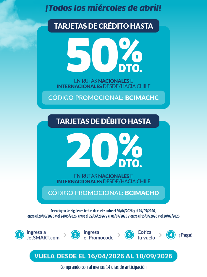 Flights from/to Chile: up to 50% off with credit cards, 20% with debit cards. BCIMACHC/BCIMACHD. Travel 16 Apr–10 Sep 2026