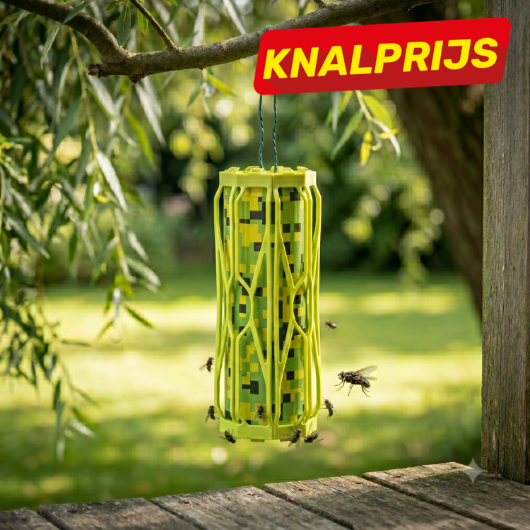 Green outdoor hanging wasp trap with bees and wasps around, suspended from tree branch in sunny garden