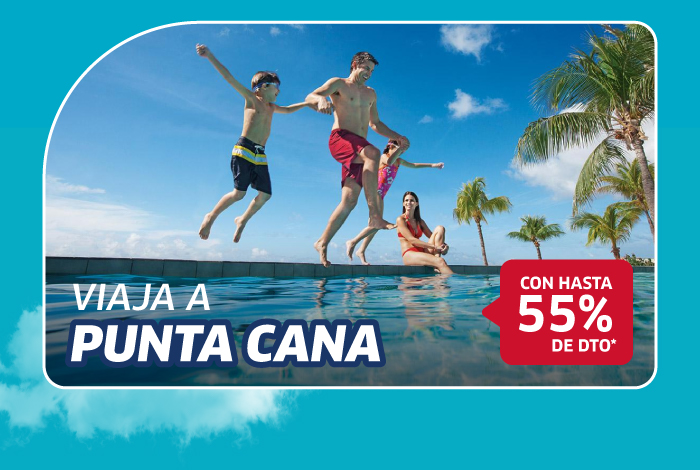 Family jumping into an infinity pool at a tropical Punta Cana resort with palm trees; promotional badge reading 'up to 55% off'